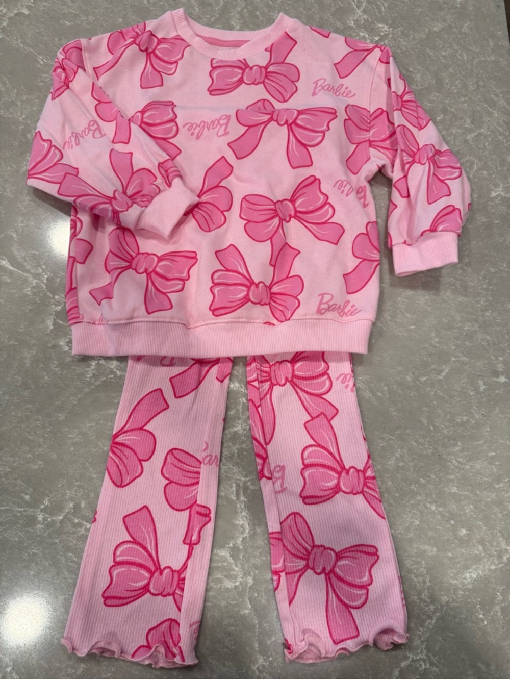 Barbie Girls Pink Bow Lounge Pajama Set 4T Matching Sweatshirt Leggings
